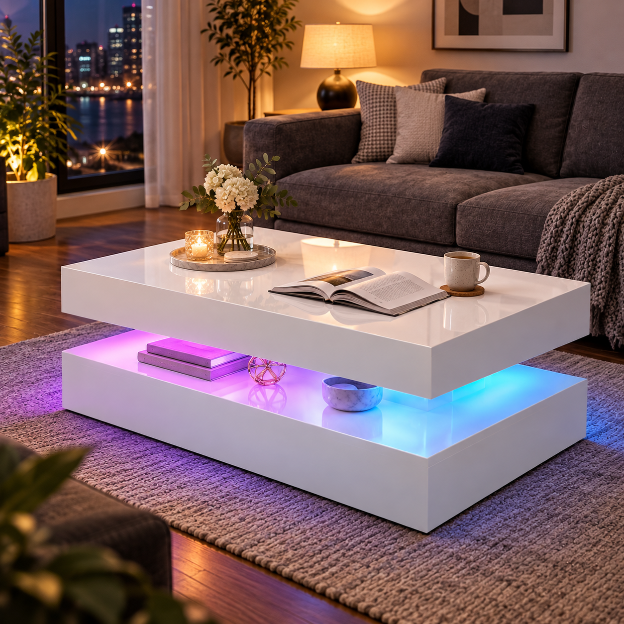 White Afterglow Table in an evening living-room setting