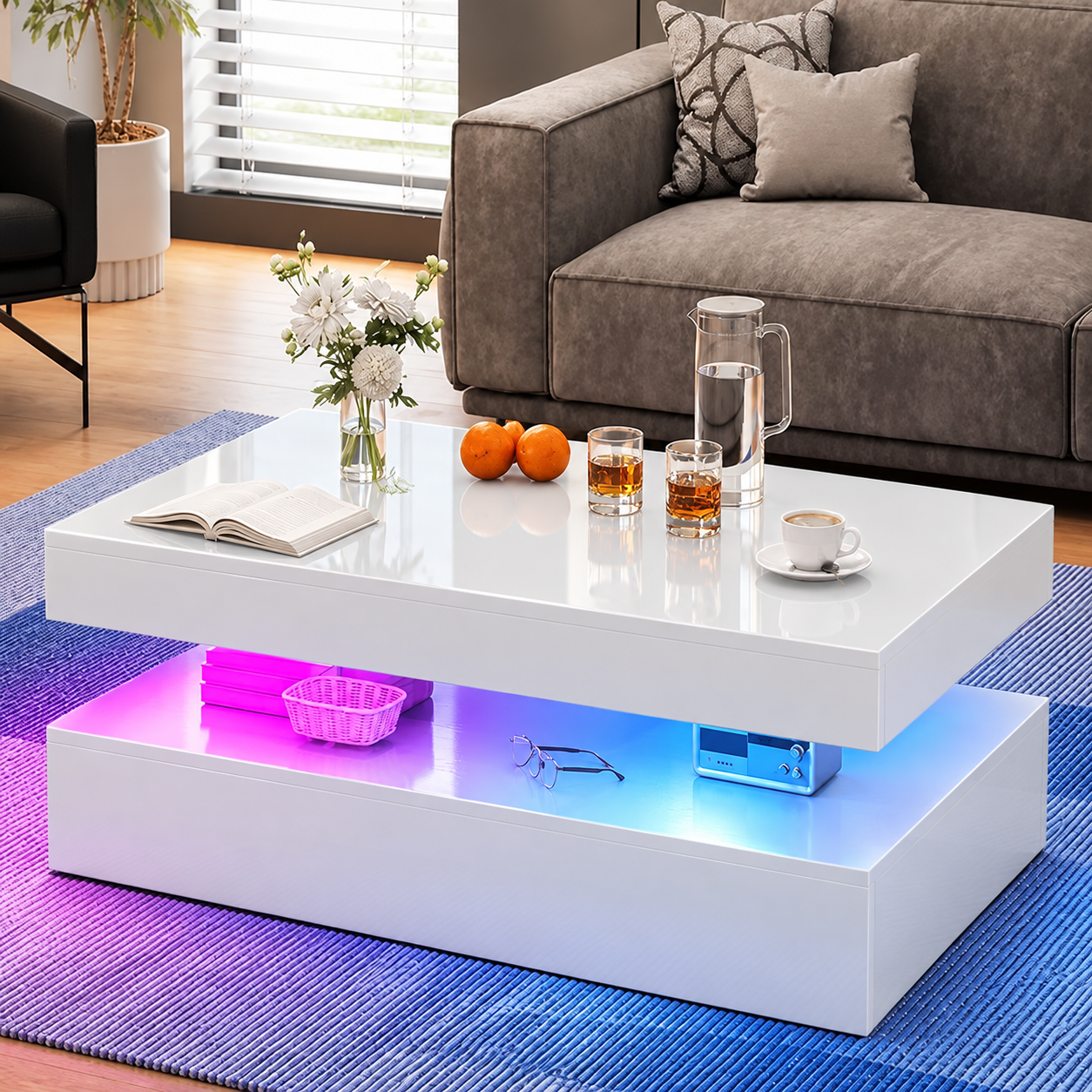 White coffee table in a living room with RGB lighting