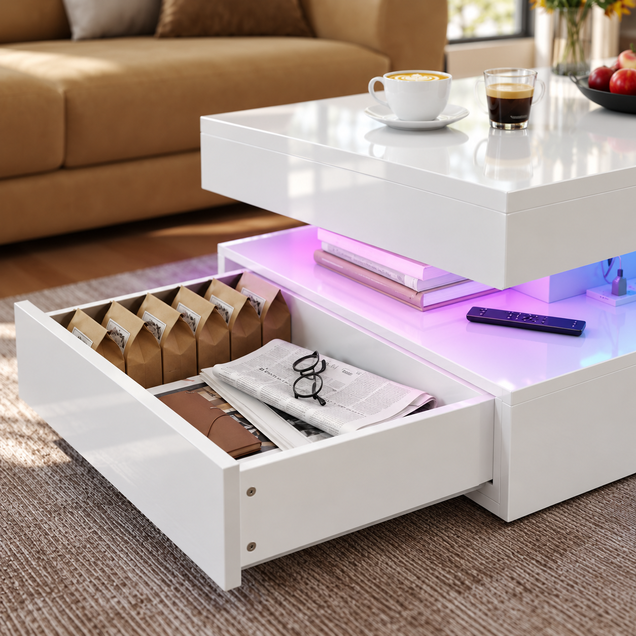 White Afterglow Table storage drawer close-up