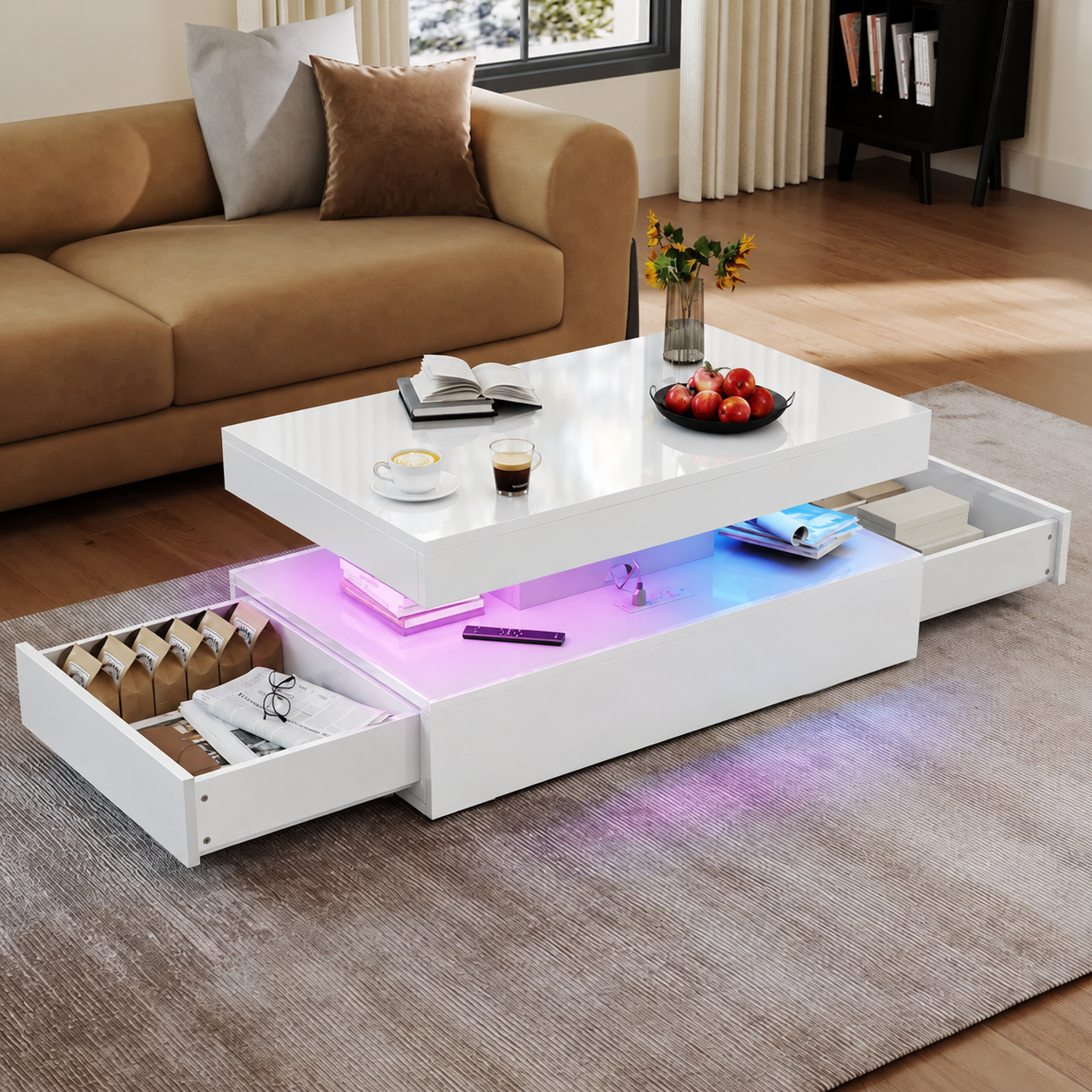White Afterglow table with drawers open